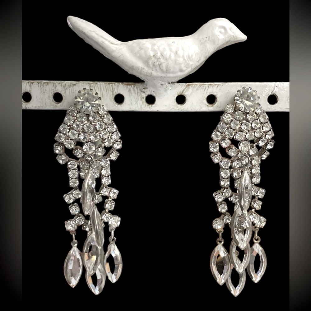 Stunning 1950’s Vintage Navette Crystal Rhinestone Chandelier Earrings.
